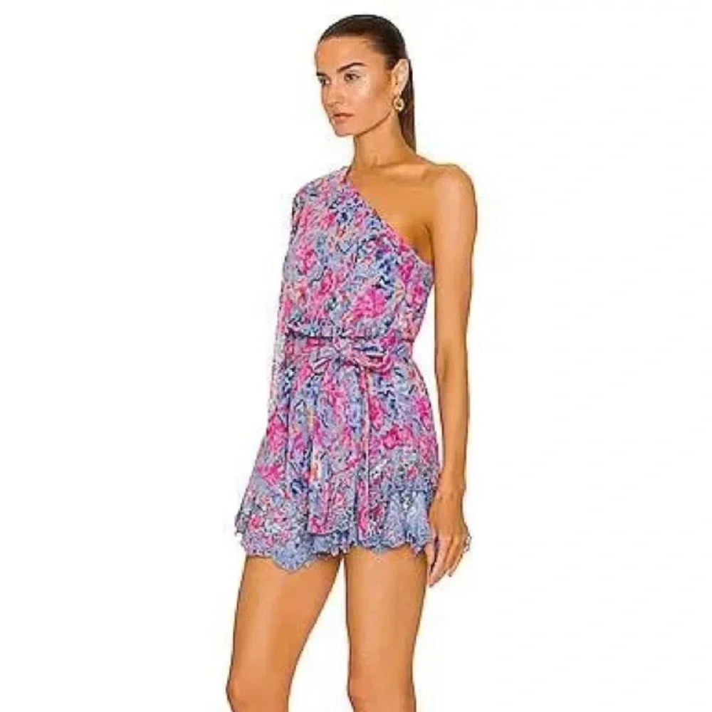 HEMANT & NANDITA Vibrant Pink and Blue One-Shoulder Mini Dress - Picture 2 of 12